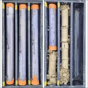 Carottes de sol prélevées lors d'un sondage carotté pour investigation géotechnique sur site haute tension