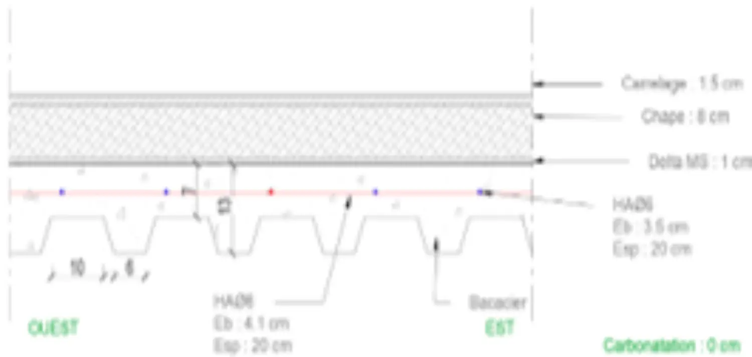 Coupe stratigraphique béton armé mesure carbonatation structure piscine Porticcio
