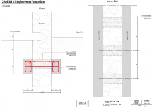 Détail D élargissement de fondations par longrines béton armé de part et d'autre du mur existant – AXIOLIS