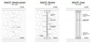 Plan de détail D confinement de mur fissuré par chaînage vertical béton armé – solution structure immeuble Marseille