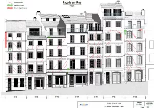 Relevé de façades sur rue avec localisation des fissurations et éléments dégradés – diagnostic structure AXIOLIS Marseille